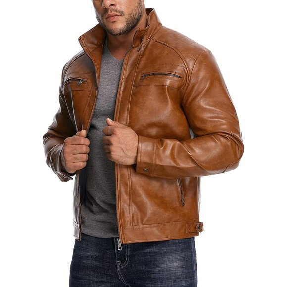 Men's Brown Stand Collar Faux Leather Bomber Motorcycle Jacket with Zipper - Picture 4 of 7